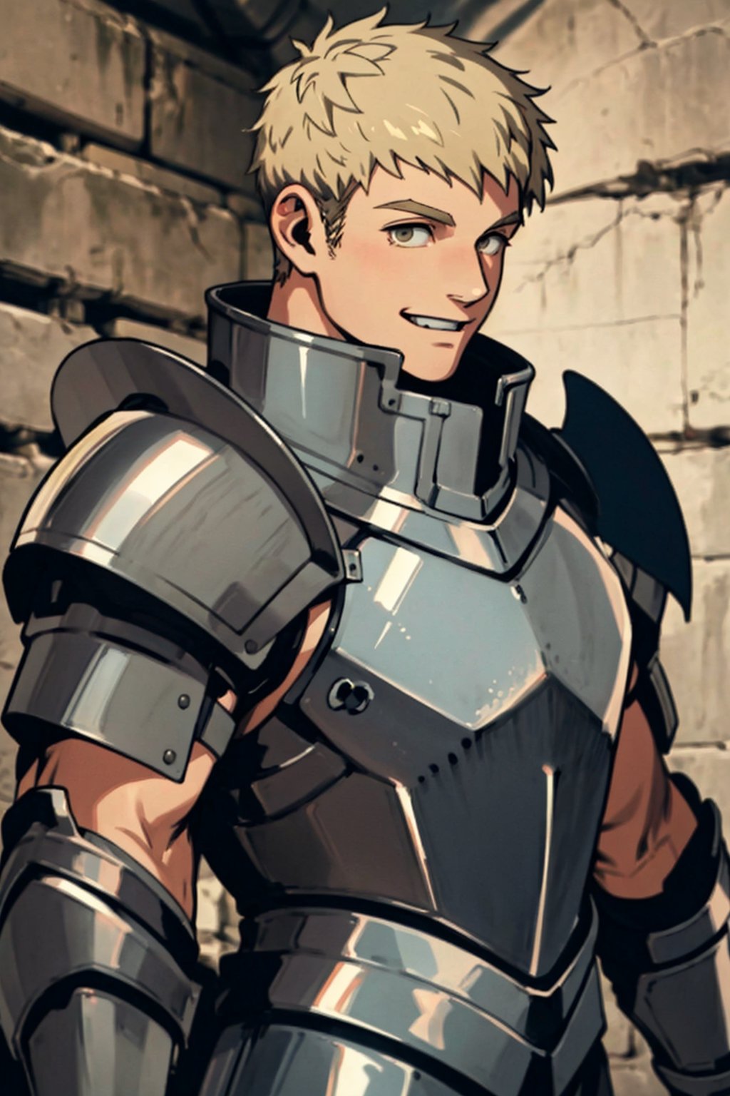 (1 image only), solo male, 1boy, Laios Touden, Delicious in Dungeon, knight, blond hair, short hair, light gold eyes, average height, silver plate armour, silver gauntlets, white shirt under armor, silver knee guards, simple brown boots, smile, handsome, charming, alluring, standing, upper body in frame, perfect anatomy, perfect proportions, 2d, anime, (best quality, masterpiece), (perfect eyes, perfect eye pupil), high_resolution, dutch angle, dungeon location, (Hands:1.1), better_hands