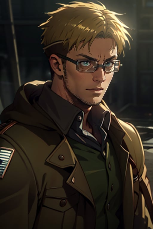 Abel, Attack on Titan, Shingeki no Kyojin, Scout Regiment, uniform of the Scout Regiment, green cloak, goggles, thick-rimmed glasses with bands around head, 1boy, solo, male, man, mature, handsome, manly, blond_hair, short hair, light stubble on chin and cheekbones, intense gaze, gentle expression, soft expression, masculine, handsome, charming, alluring, rugged, black trench coat, black pants, grey vest, dark red cravat, (standing), (upper body in frame), simple background, dark atmosphere, perfect light, perfect anatomy, perfect proportions, perfect perspective, 8k, HQ, (best quality:1.5, hyperrealistic:1.5, photorealistic:1.4, madly detailed CG unity 8k wallpaper:1.5, masterpiece:1.3, madly detailed photo:1.2), (hyper-realistic lifelike texture:1.4, realistic eyes:1.2), picture-perfect face, perfect eye pupil, detailed eyes, realistic, HD, UHD, (front view:1.2), portrait, looking outside frame,perfecteyes,(MkmCut),AttackonTitan,Portrait