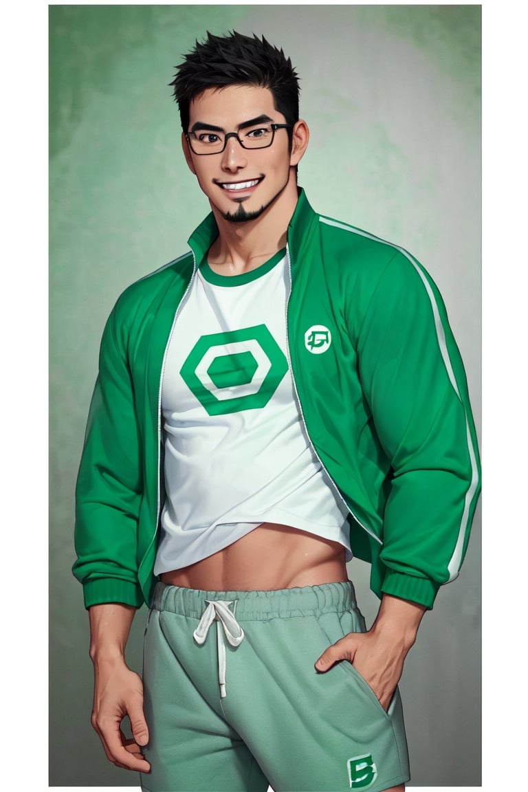 (1 image only), solo male, bara, Kyoichi Ootomo, Live A Hero, Asain, Japanese, athlete, PE teacher, short hair, black hair, green streaked hair, sideburns, black eyes, facial hair, goatee, (wore glasses), tan skin, white bandaid on nose, white t-shirt, ((pure green athletic jacket, open jacket)), grey shorts, sneakers, grin, mature, handsome, charming, alluring, standing, upper body, perfect anatomy, perfect proportions, (best quality, masterpiece), (perfect eyes, perfect eye pupil), perfect hands, high_resolution, dutch angle, school sports ground,(1man),best quality