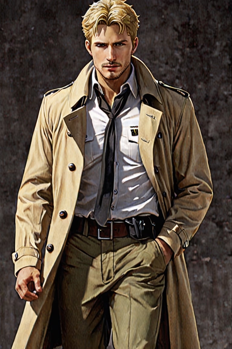 solo male, Reiner Braun, blond hair, short hair, facial hair, stubble, hazel eyes, tall, Marleyan soldier uniform, (pire white collared shirt:1.3), light-brown trench coat, (open coat:1.1), military green pants, black combat boots,  handsome, charming, alluring, standing, upper body, perfect anatomy, perfect proportions, best quality, masterpiece, high_resolution, dutch angle, cowboy shot, photo background