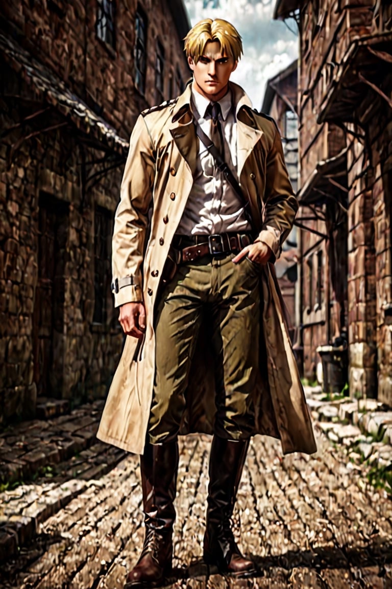 solo male, Reiner Braun, Attack on Titan, blond hair, short hair, stubble, hazel eyes, tall, Marleyan soldier uniform, white collared shirt, light-brown trench coat, (open coat:1.1), military green pants, black combat boots,  handsome, charming, alluring, standing, upper body, perfect anatomy, perfect proportions, best quality, masterpiece, high_resolution, dutch angle, cowboy shot, photo background