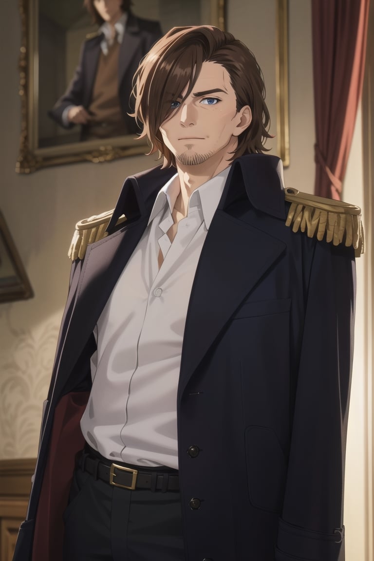 solo male, Graf Granat \(Frieren: Beyond Journey's End\), brown hair, hair parted to one side, facial hair, stubble, blue eyes, sanpaku, hair over one eye, white collared shirt, black pants, matching boots. dark blue coat, open coat, (coat over shoulders), gold epaulettes, mature, handsome, charming, alluring, standing, upper body, perfect anatomy, perfect proportions, best quality, masterpiece, high_resolution, dutch angle, cowboy shot, photo background, palace
