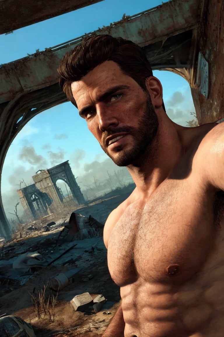 solo male, realistic, Paladin Danse, Fallout 4, short hair, warm black hair, light brown eyes, facial hair, (toplee, shirtless, bare neck, bare shoulders, bare arms, bare chest, bare belly), boots, mature, handsome, charming, alluring, ((portrait, headshot, close-up)), perfect anatomy, perfect proportions, best quality, masterpiece, high_resolution, dutch angle, photo background, ruined overhead interstate, Fallout 4 location, post-apocalyptic ruins, desolated landscape, dark blue sky,Masterpiece