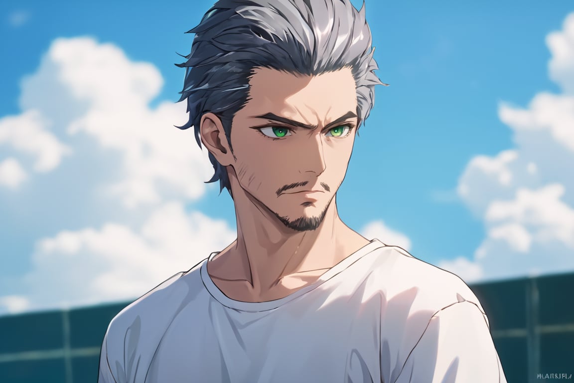 score_9, score_8_up, score_7_up, score_6_up, perfect anatomy, perfect proportions, best quality, masterpiece, high_resolution, high quality, aesthetic, absurdres, solo male, Kaburagi, black hair, grey hair streak, multicolored hair, hair slicked back, facial hair, goatee, green eyes, sanpaku, constricted pupils, eyebrow slit, scar, white shirt, wide necked shirt, short-sleeved shirt, sleeves tucked up and buttoned, mature, handsome, charming, alluring, masculine, serious, intense eyes, v-shaped eyebrows, mad, passionate, bruise, look outside, leaning forward, close up, headshot, from side, eyes focus, cropped, dutch angel, blue sky, day, cloud, science fiction, cinematic, cinematic still, emotional, harmonious, bokeh, cinemascope, moody, epic, gorgeous, lens flare, emphasis lines, motion lines, motion blur, outdoor