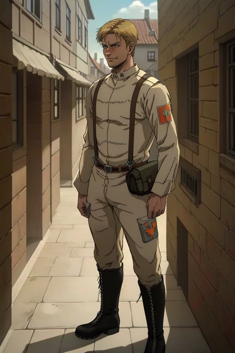 solo male, Colt Grice, Attack on Titan, blond hair, light hazel eyes, tall, Marleyan soldier uniform, (standing collar, mandarin collar:1.3), light pants, suspender straps, tall combat boots, single yellow Eldian armband, handsome, charming, alluring, sad, thin smile, standing, (portrait, headshot, close-up), perfect anatomy, perfect proportions, best quality, masterpiece, high_resolution, dutch angle, cowboy shot, photo background, medieval germany city avenue, smoky, steamy, day, high building, multiple floor townhouse