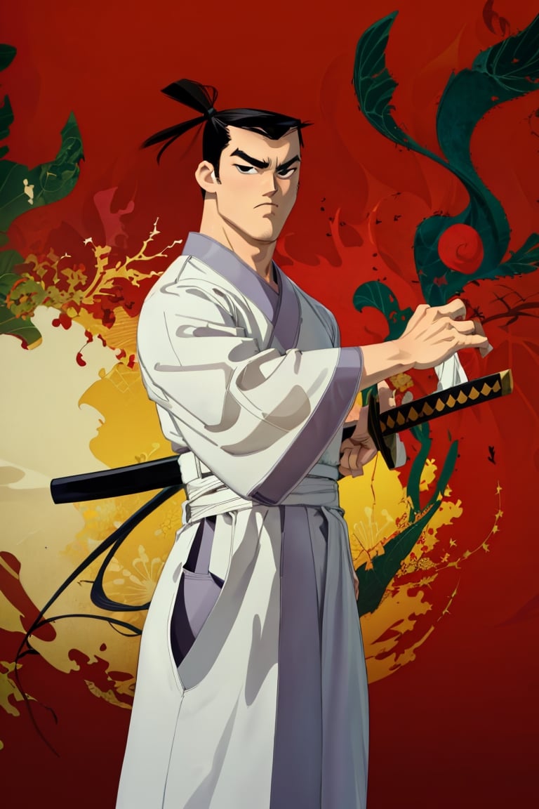 (1 image only), solo male, Samurai Jack, Cartoon Network style, Asian, Japanese, black hair, short topknot, black eyes, geta, white kimono, white sashes, wide sleeves, mature, handsome, charming, alluring, uperfect anatomy, perfect proportions, (best quality, masterpiece), perfect hands, high_resolution, dutch angle, cowboy shot, fine art, (2d, flat), (single placket),  fighting_stance, holding sword, battoujutsu