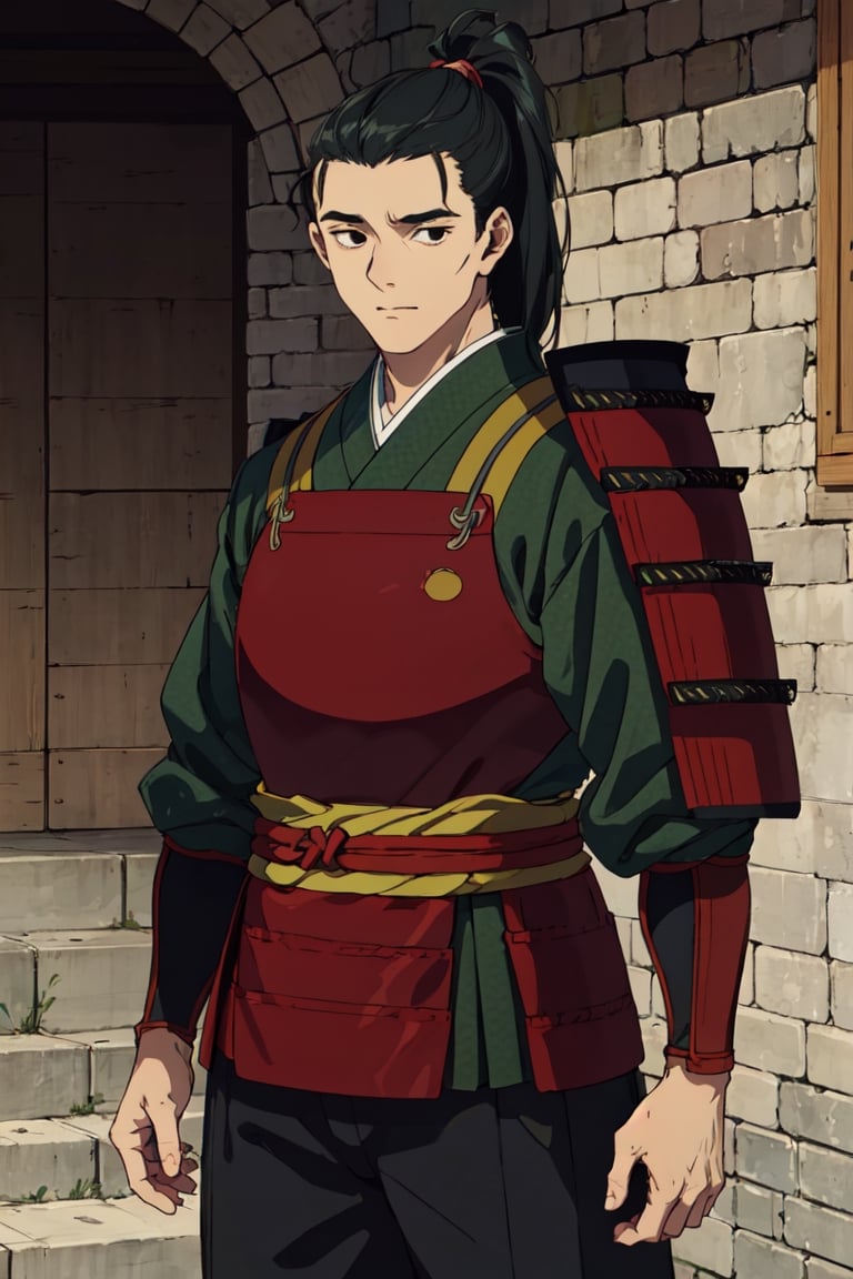 solo male, Shuro \(Delicious in Dungeon\), samurai, black eyes, black hair, ponytail, neat hair, shaved face, japanese armor, green Juban \(kimono\), breastplate, kusazuri, shoulder armor, sode, kote, puttee, sandals, handsome, charming, alluring, standing, upper body, perfect anatomy, perfect proportions, best quality, masterpiece, high_resolution, dutch angle, cowboy shot, photo background, 