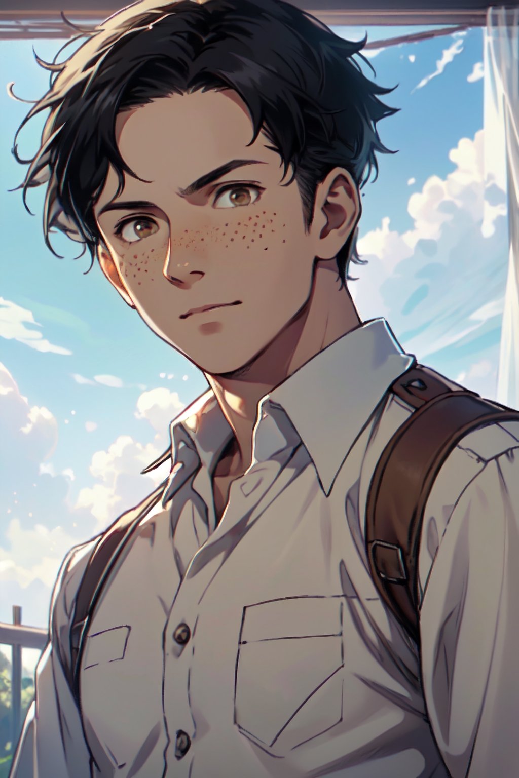 Marco Bodt from Attack on Titan, (short hair:1.2) (black hair, center-parted short hair, very short curtained hair:1.2), (bare forehead:1.2), (light brown eyes, normal size eyes), wearing pure white collared shirt, youthful, freckles, handsome, charming, alluring, friendly, (standing), (upper body in frame), simple background, green plains, cloudy blue sky, perfect light, only1 image, perfect anatomy, perfect proportions, perfect perspective, 8k, HQ, (best quality:1.5, hyperrealistic:1.5, photorealistic:1.4, madly detailed CG unity 8k wallpaper:1.5, masterpiece:1.3, madly detailed photo:1.2), (hyper-realistic lifelike texture:1.4, realistic eyes:1.2), picture-perfect face, perfect eye pupil, detailed eyes, realistic, HD, UHD, (front view:1.2), portrait, looking outside frame