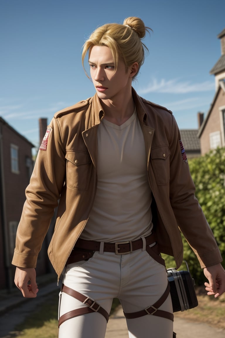 solo male, Eld Gin, Attack on Titan, blond hair, middle parting hair, single hair bun, brown eyes, sideburns, thin goatee, Scout Regiment uniform, white shirt underneath, brown jacket, white pants, knee boots, three-dimensional maneuver gear, mature, handsome, charming, alluring, standing, upper body, perfect anatomy, perfect proportions, best quality, masterpiece, high_resolution, dutch angle, cowboy shot, photo background