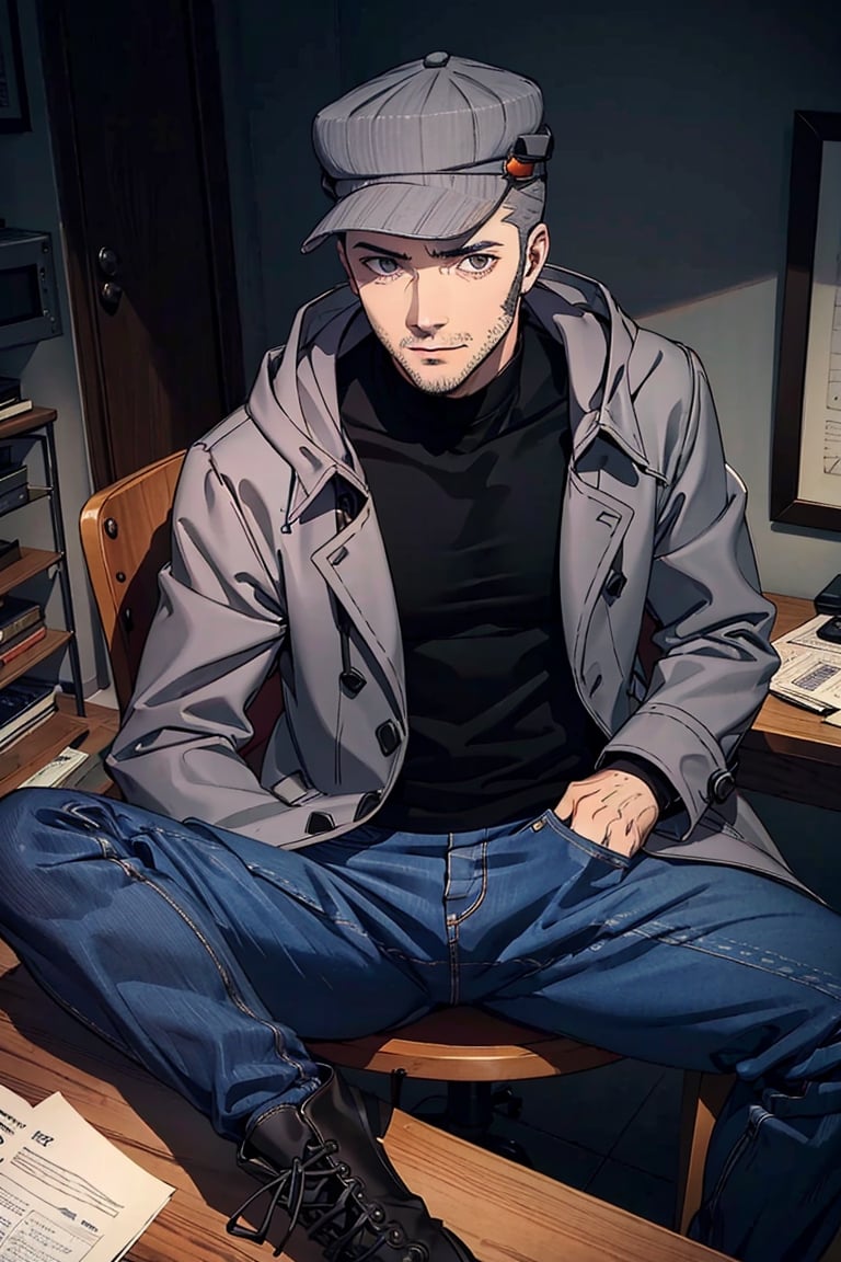 (1 image only), solo male, Munehisa Iwai,  Persona, Asian, Japanese, Weapons Dealer, grey hair, short hair, (grey pin-striped cap:1.2), stubble, grey eyes, sideburns, black turtleneck sweater, long gray coat, open coat, coat hood down, simple blue jeans, black leather boots, mature, masculine, handsome, charming, alluring, lying on chair, (foot on desk), holding lollipop, pov, perfect anatomy, perfect proportions, (best quality, masterpiece), (perfect eyes), high_resolution, dutch angle, [cowboy shot], weapon workshop, slight spread legs