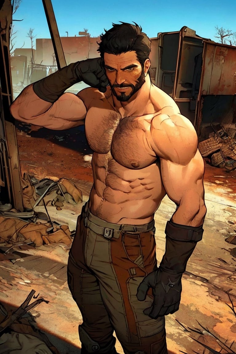 solo male, realistic, Paladin Danse, Fallout 4, short hair, warm black hair, light brown eyes, beard, (topless, shirtless, bare neck, bare shoulders, bare arms, bare chest, bare belly), orange-gray Brotherhood of Steel uniform, orange-gray bodysuit, gloves, boots, mature, handsome, charming, alluring, standing, upper body, perfect anatomy, perfect proportions, best quality, masterpiece, high_resolution, dutch angle, cowboy shot, photo background, ruined overhead interstate, Fallout 4 location, post-apocalyptic ruins, desolated landscape, dark blue sky