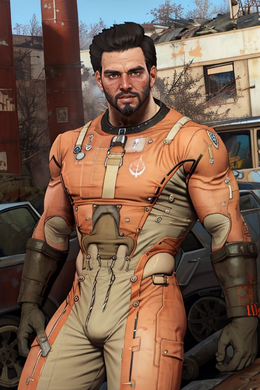 perfect anatomy, perfect proportions, best quality, masterpiece, high_resolution, high quality, best aesthetic, incredibly absurdres, highres, extremely detailed, huge filesize, mature, masculine, manly, virile, handsome, charming, alluring, bara, male focus, solo male, cowboy shot, dutch angle, source_game \(Fallout 4\), official style \(Fallout 4\),  Danse, FO4Danse , black hair, short hair, light brown eyes, facial hair, beard, Danse_Outfit02, T-60 power armor \(Fallout 4\), power armor, outdoors, Fallout 4 location, post-apocalyptic ruins, desolated landscape, dark blue sky