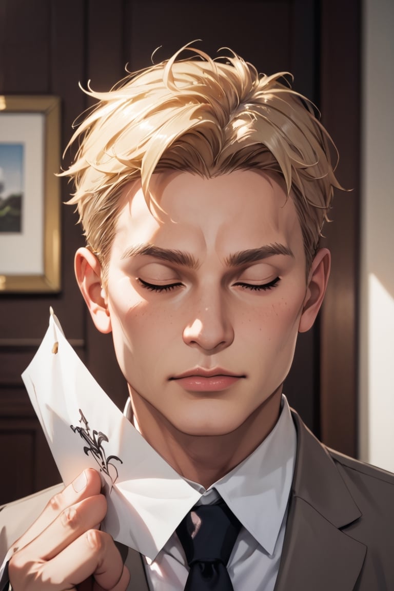 score_9, score_8_up, score_7_up, solo male, Reiner Braun, blond hair, short hair, flat hair, hazel eyes, thin eyebrows, tall, white collared shirt, black necktie, brown suit jacket, brown  pants, black shoes, handsome, charming, alluring, (headshot, close-up:1.2), upper body, perfect anatomy, perfect proportions, best quality, masterpiece, high_resolution, photo background, (perfect face, perfect eyes:1.3), BREAK 2 hands holding a pure white A4 paper, sniffing a pure A4 white paper, ((enjoy face)), closed eyes, writing paper below nose, mouth covered by paper 