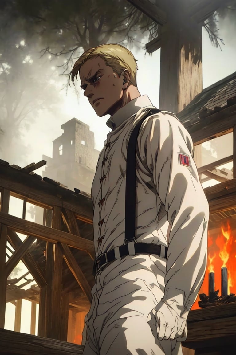 solo male, Colt Grice, blond hair, light hazel eyes, tall, white Marleyan soldier uniform, (standing collar, mandarin collar, light collar:1.2), light pants, (black suspender straps, black belt, supply packs), tall combat boots, young, handsome, charming, alluring, perfect anatomy, perfect proportions, best quality, masterpiece, high_resolution, standing, upper body, dutch angle, cowboy shot, photo background, germany city, day, ((wide avenue, high timber frame townhouse, historical building)), ((battlefield, steamy, smoky, sad, backlight, golden glare, fire))