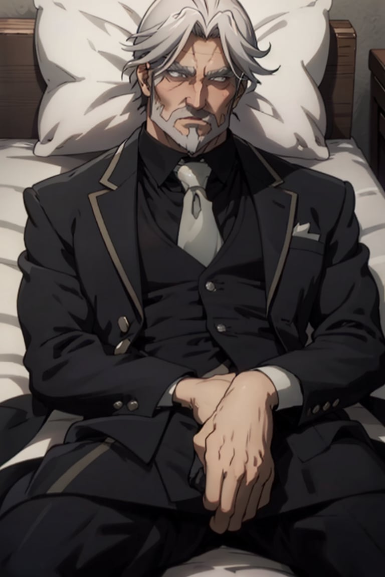 Sebas Tian, old man, hair_slicked, grey eyes, grey hair,grey beard, black tailcoat, black collared shirt ,gray necktie, white glove, upper body, (lying on bed, on back, spread legs), masculine, handsome, charming, alluring, blush, perfect eyes,  perfect anatomy, perfect proportions, perfecteyes