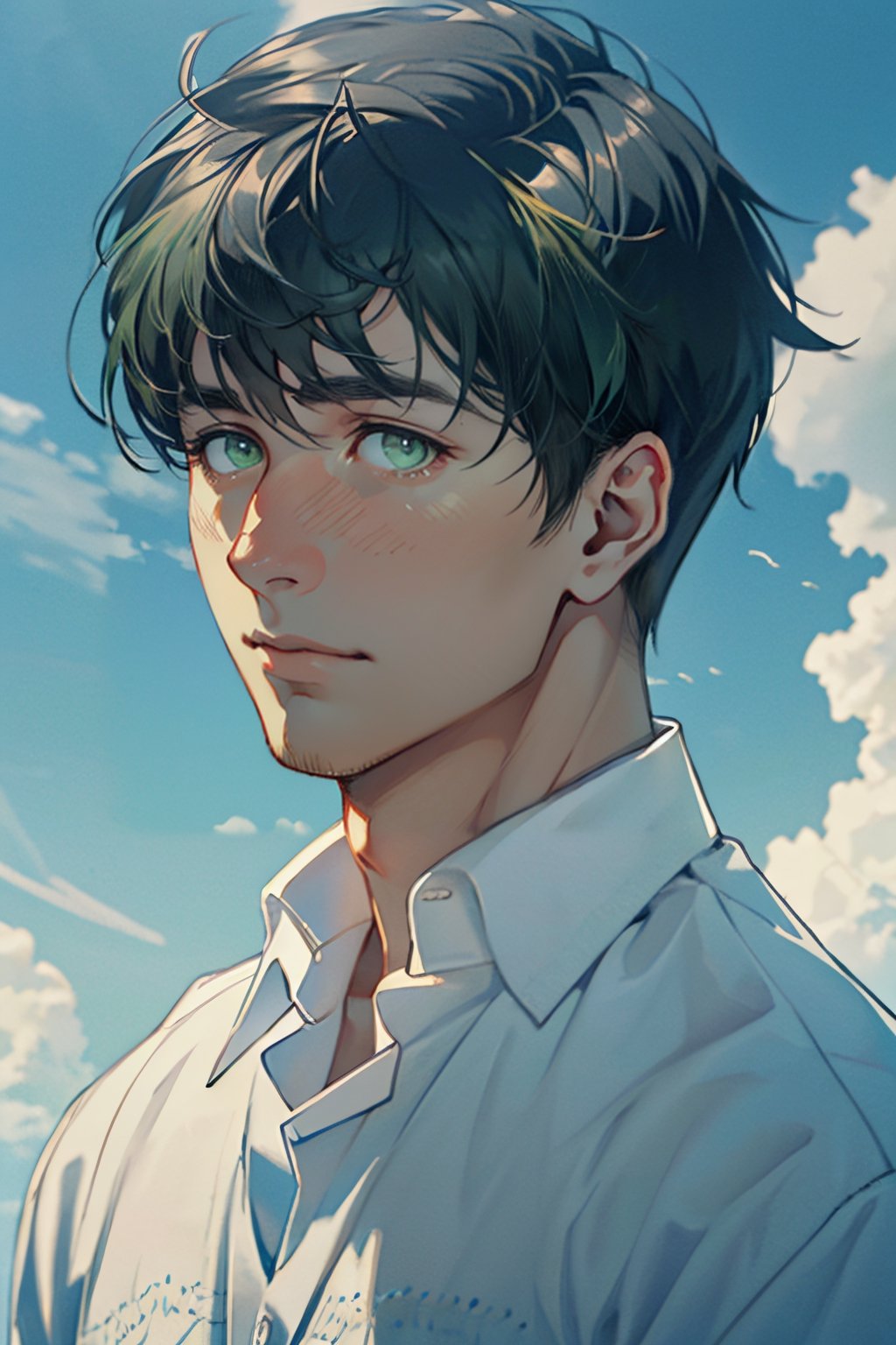 Bertolt Hoover, (black hair, shorter hair:1.2), (pale green eyes, normal size eyes), (aquiline nose:1.2), fit body, wearing pure white collared shirt, blue sweater, handsome, charming, alluring, calm eyes, (standing), (upper body in frame), simple background, green plains, cloudy blue sky, perfect light, only1 image, perfect anatomy, perfect proportions, perfect perspective, 8k, HQ, (best quality:1.5, hyperrealistic:1.5, photorealistic:1.4, madly detailed CG unity 8k wallpaper:1.5, masterpiece:1.3, madly detailed photo:1.2), (hyper-realistic lifelike texture:1.4, realistic eyes:1.2), picture-perfect face, perfect eye pupil, detailed eyes, realistic, HD, UHD, (front view:1.2), portrait, looking outside frame