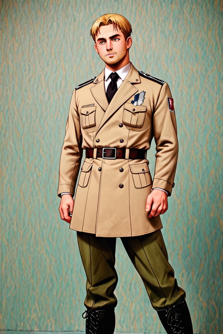 solo male, Reiner Braun, Attack on Titan, blond hair, short hair, stubble, hazel eyes, tall, Marleyan soldier uniform, white collared shirt, light-brown trench coat, (open coat:1.1), military green pants, black combat boots,  handsome, charming, alluring, standing, upper body, perfect anatomy, perfect proportions, best quality, masterpiece, high_resolution, dutch angle, cowboy shot, photo background