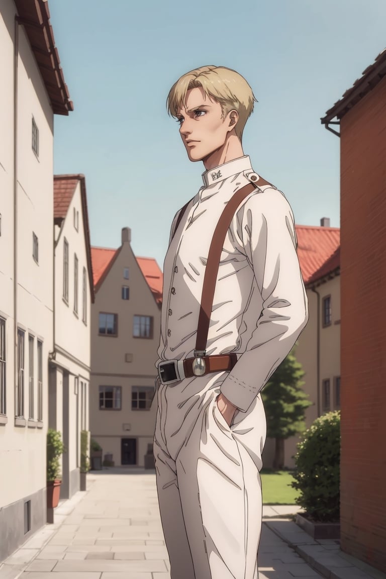 solo male, Colt Grice, blond hair, light hazel eyes, tall, white Marleyan soldier uniform, (standing collar, mandarin collar, light collar:1.2), light pants, (black suspender straps, black belt, supply packs), tall combat boots, young, handsome, charming, alluring, perfect anatomy, perfect proportions, best quality, masterpiece, high_resolution, standing, upper body, dutch angle, cowboy shot, photo background, germany city, day, ((wide avenue, high townhouse, historical building))