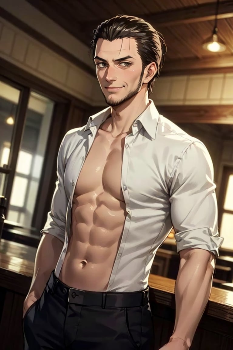 solo male, Kenny Ackerman, Attack on Titan Anime style, brown hair, hair slicked back, grey eyes, sideburns, thin beard along jawline, complete, white collared shirt, roll up sleeves, open shirt, bare chest, bare belly, black pants, athletic build, middle-age, mature, handsome, charming, alluring, smirk, standing, upper body, perfect anatomy, perfect proportions, best quality, masterpiece, high_resolution, dutch angle, cowboy shot, indoor, vintage bar