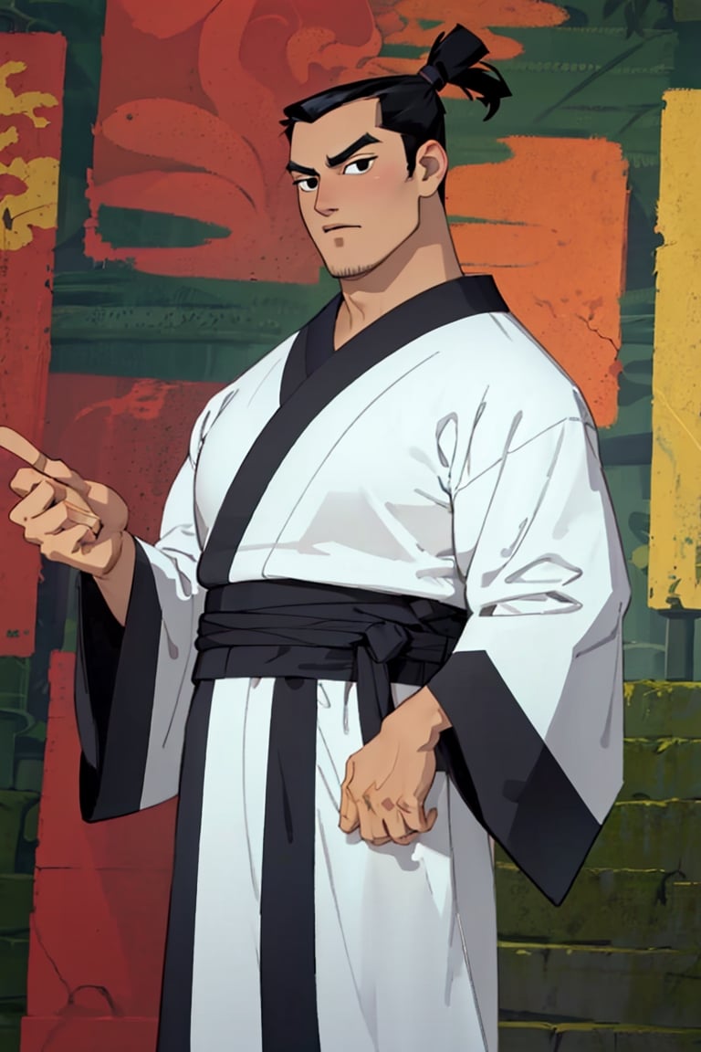 (1 image only), solo male, Samurai Jack, Cartoon Network style, Asian, Japanese, black hair, topknot, black eyes, geta, whire kimono, wide sleeves, mature, handsome, charming, alluring, standing, upper body, perfect anatomy, perfect proportions, (best quality, masterpiece), (perfect eyes), perfect hands, high_resolution, dutch angle, cowboy shot, fine art, 2d, flat