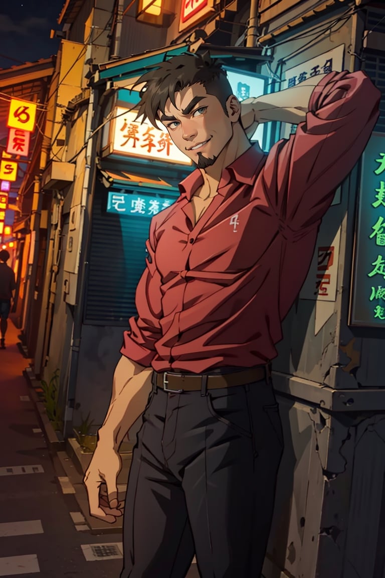 (1 image only), solo male, Jay Chiang, Great Pretender Razbliuto, Asian, Taiwanese, modern Taipei city, night cityscape, Taipei 101, 2d, anime, flat, black hair, short hair, high fade, goatee, thick eyebrows, (brown eyes), (pure red collared shirt, red sleeves rolled up:1.2) black pants, socks, leather shoes, smile, 1 hand behind head, mature, handsome, charming, alluring, standing, upper body, perfect anatomy, perfect proportions, (best quality, masterpiece), (perfect eyes:1.2), perfect hands, high_resolution, dutch angle, cowboy shot, ,metal steel building