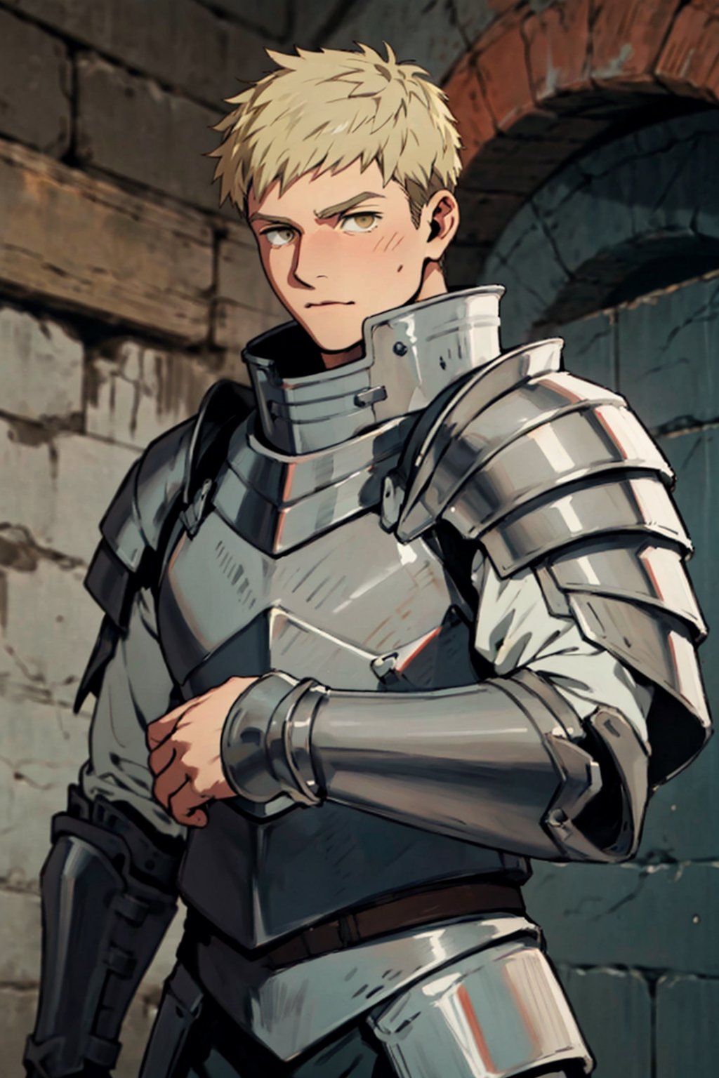 (1 image only), solo male, 1boy, Laios Touden, Delicious in Dungeon, knight, blond hair, short hair, light gold eyes, average height, silver plate armour, silver gauntlets, white shirt under armor, silver knee guards, simple brown boots, handsome, charming, alluring, standing, upper body in frame, perfect anatomy, perfect proportions, 2d, anime, (best quality, masterpiece), (perfect eyes, perfect eye pupil), high_resolution, dutch angle, dungeon location, (Hands:1.1), better_hands