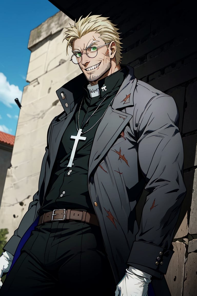 solo male, Alexander Anderson, Hellsing, Catholic priest, short silver-blond hair, green eyes, tanned skin, defined squared jaw, light facial hair, wedge-shaped scar on left cheek, round glasses, black clerical collar shirt with blue trim, black trousers, black boot, open purple-ish grey coat, open coat, white gloves, silver cross necklace, mature, middle-aged, imposing, tall, handsome, charming, alluring, grin, standing, upper body, perfect anatomy, perfect proportions, best quality, masterpiece, high_resolution, dutch angle, cowboy shot, photo background, Vatican