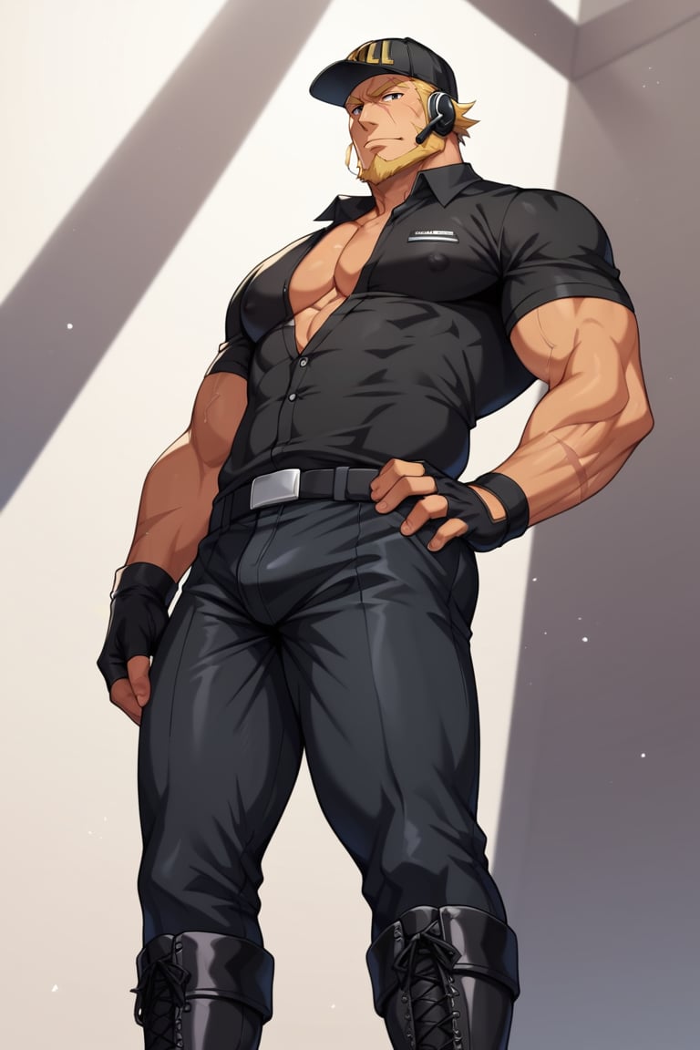 score_9, score_8_up, score_7_up, score_6_up, perfect anatomy, perfect proportions, best quality, masterpiece, high_resolution, high quality, solo male, Killer T Cell \(Cells at Work\), tan skin, blond hair, black eyes, facial hair, beard, scar on face, black  Killer T Cell uniform \(Cells at Work\), black collared shirt, pecs, partically open shirt, black pants, black cap, Killer T Cell cap \(Cells at Work\), earpiece, fingerless gloves, black boots, adult, mature, masculine, manly, handsome, charming, alluring, standing, upper body, dutch angle, cowboy shot, ((from below))