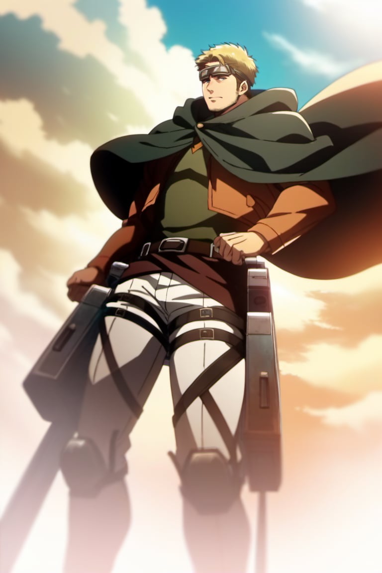 score_9, score_8_up, score_7_up, score_6_up, source_anime\(Attack on Titan\), anime screencap, perfect anatomy, perfect proportions, best quality, masterpiece, high_resolution, high quality, aesthetic, absurdres, male focus, solo male, Abel, blond hair, short hair, long sideburns, thick facial hair, beard, chinstrap stubble, jawline stubble, (wearing thick-rimmed giggles with bands around head, eyes behind goggles:1.2), paradis military uniform, (open tan color cropped jacket, long sleeves), (open jacket:1.4), (olive green undershirt), white pants, three-dimensional maneuver gear, green cloak, hooded cloak, hood down, mature, masculine, manly, handsome, charming, alluring, standing, close mouth, (full body, feet out of frame), dutch angle, from below