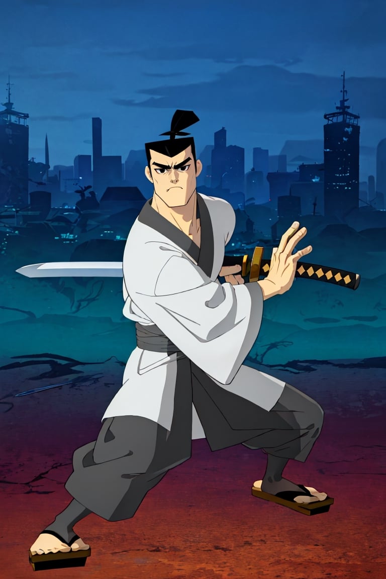 (1 image only), solo male, Samurai Jack, Cartoon Network style, Asian, Japanese, intense gaze, black hair, short topknot, black eyes, geta, white kimono, white sashes, wide sleeves, mature, handsome, charming, alluring, uperfect anatomy, perfect proportions, (best quality, masterpiece), (perfect hands), high_resolution, dutch angle, cowboy shot, fine art, (2d, flat), (single placket),  fighting_stance, holding sword, (perfect sword), battoujutsu, red and black cityscape