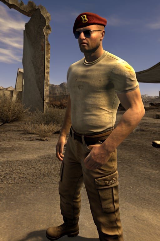 perfect anatomy, perfect proportions, best quality, masterpiece, high_resolution, high quality, best aesthetic, incredibly absurdres, highres, extremely detailed, huge filesize, mature, masculine, manly, virile, handsome, charming, alluring, bara, male focus, solo male, cowboy shot, dutch angle, source_game \(Fallout: New Vegas\), official style \(Fallout: New Vegas\), Craig Boone, FNVBoone, bald, green eyes, Boone_Outfit01, sunglasses, red beret, 1st Recon beret, white undershirt, short sleeves, brown military-esque cargo pant, (upper body), Fallout: New Vegas location, Mojave Wasteland, post-apocalyptic ruins