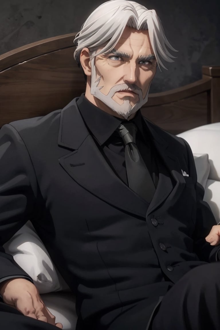 (solo man), male focus, Sebas Tian, old man, hair_slicked, grey eyes, grey hair, grey beard, black tailcoat, black collared shirt ,gray necktie, white glove, arm rised, upper body, (lying on bed, on back, spread legs), masculine, handsome, charming, alluring, blush, perfect eyes, perfect anatomy, perfect proportions, perfecteyes