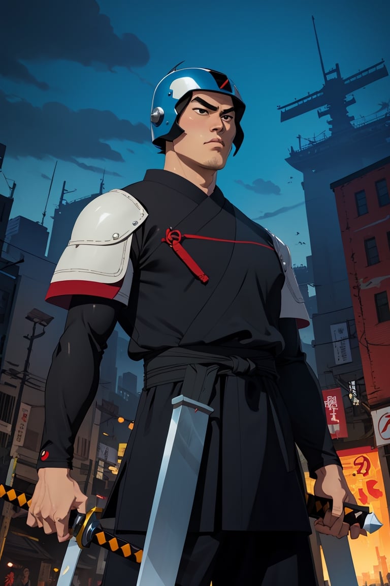 (1 image only), solo male, Samurai Jack, Cartoon Network style, Asian, Japanese, black hair, black eyes, mature, handsome, charming, alluring, uperfect anatomy, perfect proportions, (best quality, masterpiece), perfect hands, high_resolution, dutch angle, cowboy shot, fine art, (2d, flat), (single placket), Holding sword,japanese samurai armor, helmet, cityscape, battlefield 