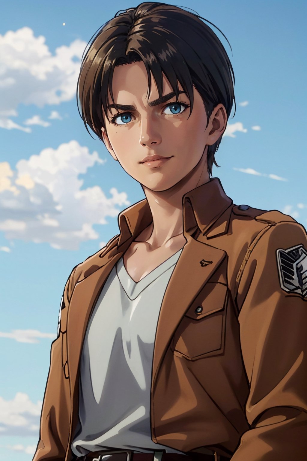 1girl, solo, Nanaba, Attack on Titan, blue eyes, wore standard Survey Corps uniform with a light-colored v-neck underneath, short light hair, petite build, beautiful, handsome, charming, alluring, gentle expression, soft expression, calm, smile (standing), (upper body in frame), simple background, green plains, cloudy blue sky, cinematic light, perfect anatomy, perfect proportions, 8k, HQ, HD, UHD, (best quality:1.5, hyperrealistic:1.5, photorealistic:1.4, madly detailed CG unity 8k wallpaper:1.5, masterpiece:1.3, madly detailed photo:1.2), (hyper-realistic lifelike texture:1.4, realistic eyes:1.2), picture-perfect face, perfect eye pupil, detailed eyes, dynamic, dutch angle