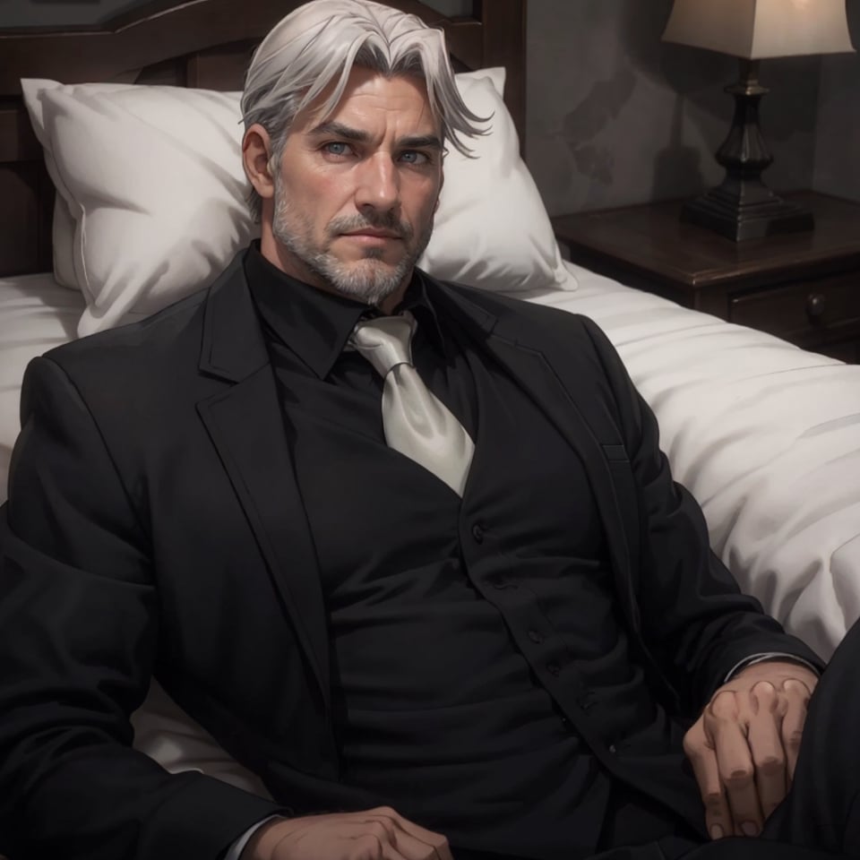 (solo man), male focus, Sebas Tian, old man, hair_slicked, grey eyes, grey hair, grey beard, black tailcoat, black collared shirt ,gray necktie, white glove, long sleeves, arm rised, upper body, (lying on bed, on back, spread legs), masculine, handsome, charming, alluring, blush, perfect eyes, perfect anatomy, perfect proportions, perfecteyes