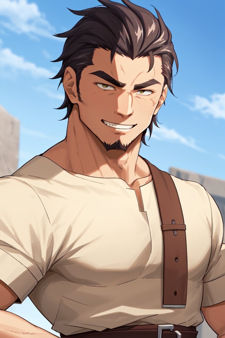 (1 image only), solo male, Kaburagi, Deca Dence, greying black hair, slicked back hair, thick eyebrows, sideburns, goatee, green eyes, scar, tucked-in wide necked short-sleeved pure white shirt, sleeves tucked up and buttoned, short sleeves, olive wide worker pants, black belt tied, brown boots. simpple leather bracelet, toned male, mature, handsome, charming, alluring, grin, (portrait, close-up), perfect anatomy, perfect proportions, best quality, masterpiece, high_resolution, dutch angle, outdoors, day, blue sky, science fiction, citadel on sky, photo background, bare neck,