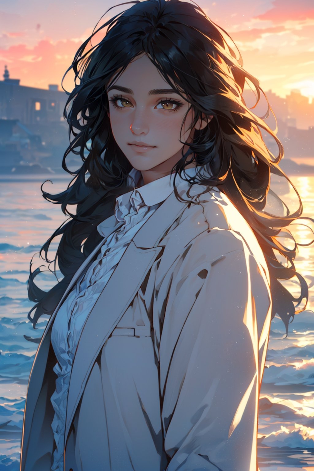 pieck finger, dark brown eyes, black hair, long hair, (slight aquiline nose:1.2), fit body, (pure white collared shirt:1.2), (unbutton wide open brown trench coat:1.2), beautiful, charming, alluring, tired, exhausted, slight smile, (standing), (upper body in frame), simple background(1910s harbor, sunset on ocean, endless ocean, nightfall), backlight, orange sky, perfect light, only1 image, perfect anatomy, perfect proportions, perfect perspective, 8k, HQ, (best quality:1.5, hyperrealistic:1.5, photorealistic:1.4, madly detailed CG unity 8k wallpaper:1.5, masterpiece:1.3, madly detailed photo:1.2), (hyper-realistic lifelike texture:1.4, realistic eyes:1.2), picture-perfect face, perfect eye pupil, detailed eyes, realistic, HD, UHD, (front view:1.2), look at viewer, Portrait, 1 girl