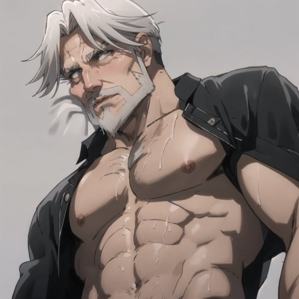 score_9, score_8_up, score_7_up, mns-pose, 1boy, solo, male focus, (Sebas Tian, old man, hair_slicked , grey eyes, grey hair,grey beard), forehead protector, masculine, topless, nude, sweaty, wet, shiny skin, looking at viewer, horny, blush, looking down, from below, upper body, close-up, nipples, nipple slip, large pectorals, pectoral focus, sidepec, nude, muscular, muscular male, bara, simple background, (perfect eyes:1.1) , ((from below))