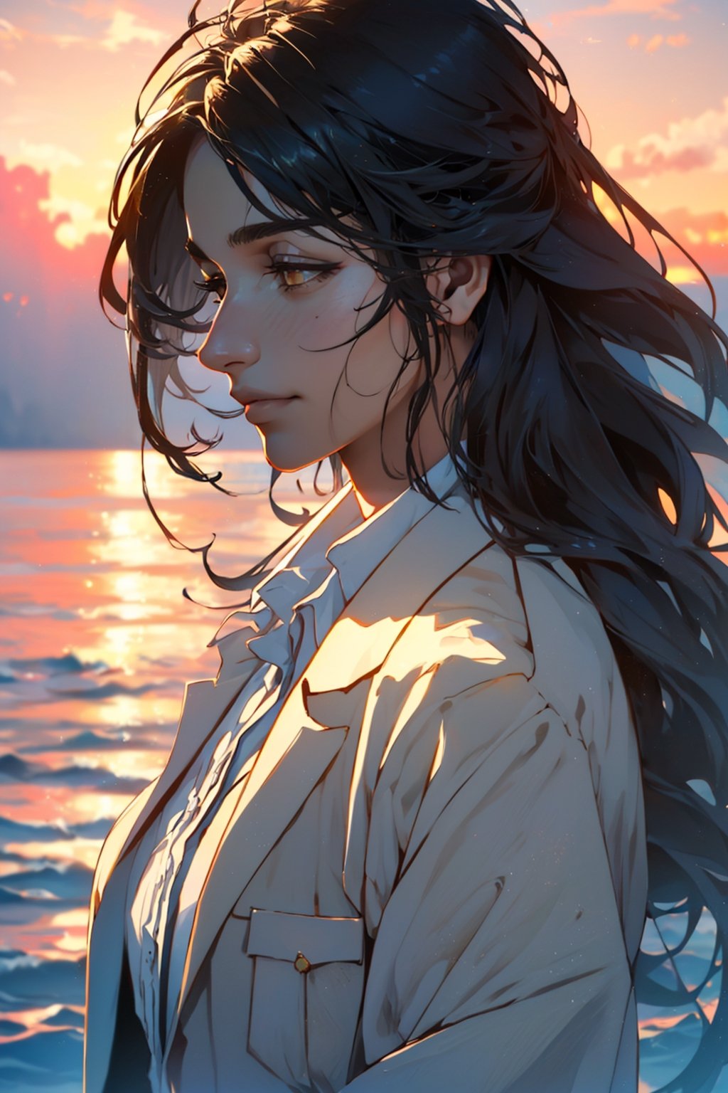 pieck finger, dark brown eyes, black hair, long hair, (slight aquiline nose:1.2), fit body, (pure white collared shirt:1.2), (unbutton wide open brown trench coat:1.2), beautiful, charming, alluring, tired, exhausted, slight smile, (standing), (upper body in frame), simple background(1910s harbor, sunset on ocean, endless ocean, nightfall), backlight, orange sky, perfect light, only1 image, perfect anatomy, perfect proportions, perfect perspective, 8k, HQ, (best quality:1.5, hyperrealistic:1.5, photorealistic:1.4, madly detailed CG unity 8k wallpaper:1.5, masterpiece:1.3, madly detailed photo:1.2), (hyper-realistic lifelike texture:1.4, realistic eyes:1.2), picture-perfect face, perfect eye pupil, detailed eyes, realistic, HD, UHD, (front view:1.2), look at viewer, Portrait, 1 girl