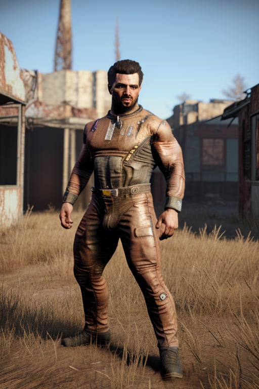 perfect anatomy, perfect proportions, best quality, masterpiece, high_resolution, high quality, best aesthetic, incredibly absurdres, highres, extremely detailed, huge filesize, mature, masculine, manly, virile, handsome, charming, alluring, bara, male focus, solo male, cowboy shot, dutch angle, source_game \(Fallout 4\), official style \(Fallout 4\),  Danse, FO4Danse , black hair, short hair, light brown eyes, facial hair, beard, Danse_Outfit02, T-60 power armor \(Fallout 4\), power armor, outdoors, Fallout 4 location, post-apocalyptic ruins, desolated landscape, dark blue sky