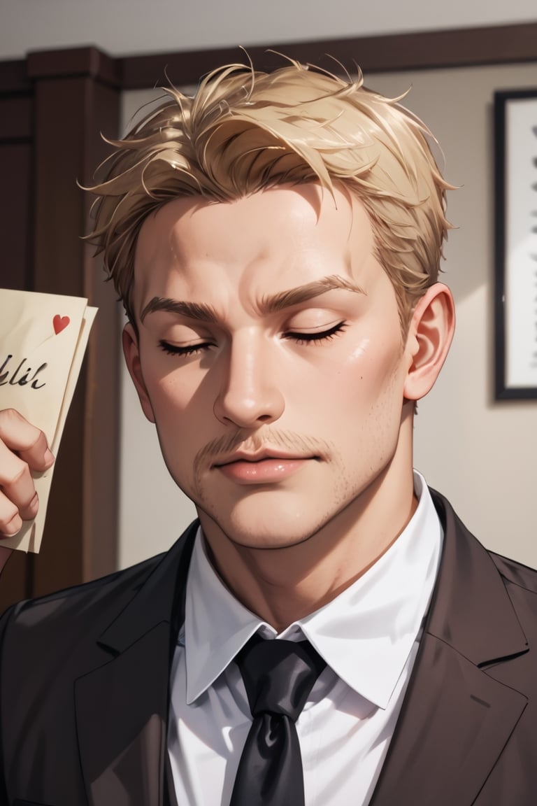 score_9, score_8_up, score_7_up, solo male, Reiner Braun, blond hair, short hair, flat hair, hazel eyes, thin eyebrows, tall, white collared shirt, black necktie, brown suit jacket, brown  pants, black shoes, handsome, charming, alluring, (headshot, close-up:1.2), upper body, perfect anatomy, perfect proportions, best quality, masterpiece, high_resolution, photo background, (perfect face, perfect eyes:1.3), BREAK 2 hands holding a pure white A4 paper, sniffing a pure A4 white paper, ((enjoy face)), closed eyes, writing paper below nose, paper above mouth