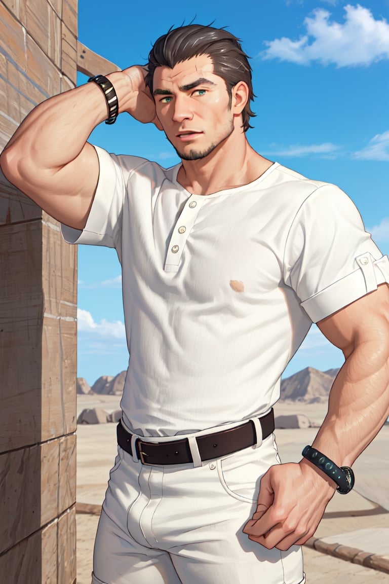 (1 image only), solo male, Kaburagi, Deca Dence, greying black hair, slicked back hair, thick eyebrows, sideburns, goatee, green eyes, scar, tucked-in wide necked short-sleeved white shirt, sleeves tucked up and buttoned, short sleeves, olive wide pants, brown boots. black belt tied. leather bracelet, toned male, mature, handsome, charming, alluring,  upper body, perfect anatomy, perfect proportions, best quality, masterpiece, high_resolution, dutch angle, cowboy shot, outdoors, day, blue sky, science fiction, photo background, (Hands:1.1), better_hands, perfect fingers,(1man)