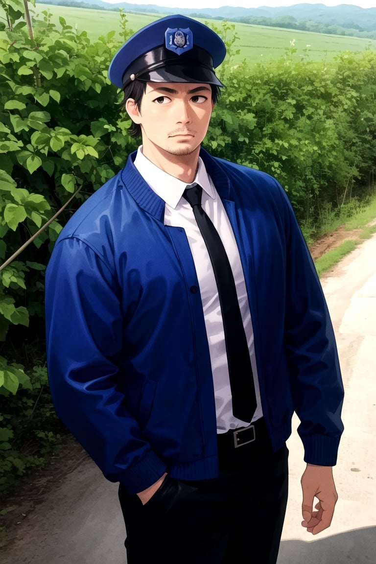 (1 image only), solo male, Agawa Daigo, Gannibal, Asian ,Japanese, black hair, short hair, (stubble), black eyes, policeman, white collared shirt, dark blue necktie, black jacket, dark blue pants, black shoes, Japanese police peaked cap, mature, handsome, charming, alluring, standing, upper body, perfect anatomy, perfect proportions, (best quality, masterpiece), (perfect eyes), perfect hands, high_resolution, dutch angle, cowboy shot, rural .pastoral