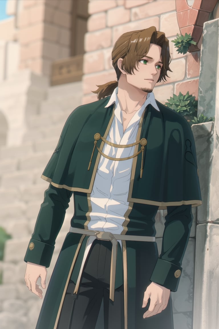 solo male, Sein \(Frieren: Beyond Journey's End\), priest, brown hair, low ponytail, parted bangs, thin hair, stubble, green eyes, white collared shirt, (shirt white hems, untucked shirt:1.3), dark coat with a golden accent, dark capelet, dark sleeves, black pants, black footwear. open coat, mature, handsome, charming, alluring, standing, upper body, perfect anatomy, perfect proportions, best quality, masterpiece, high_resolution, dutch angle, cowboy shot, photo background, old city