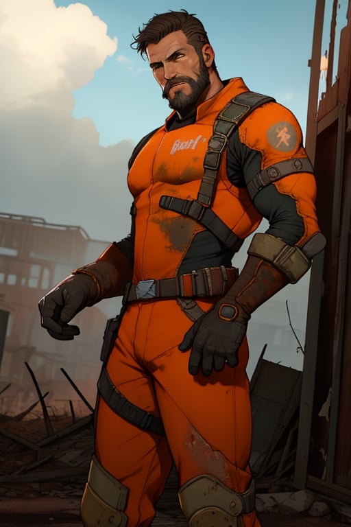 solo male, Paladin Danse, Fallout 4, short hair, warm black hair, light brown eyes, beard, orange-gray Brotherhood of Steel uniform, orange-gray bodysuit, gloves, boots, mature, handsome, charming, alluring, standing, upper body, perfect anatomy, perfect proportions, best quality, masterpiece, high_resolution, dutch angle, cowboy shot, photo background, ruined overhead interstate, Fallout 4 location, post-apocalyptic ruins, desolated landscape, dark blue sky