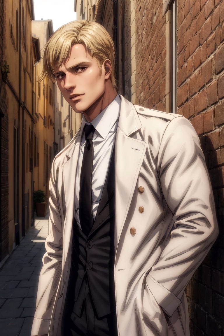 solo male, Colt Grice, blond hair, light hazel eyes, tall, Marleyan soldier uniform, (white collar, shirt, black necktie:1.2), light trench coat, light pants, tall combat boots, handsome, charming, alluring, standing, (portrait, headshot, close-up:1.3), perfect anatomy, perfect proportions, best quality, masterpiece, high_resolution, dutch angle, photo background, medieval italian city wide avenue, day, high building, multiple floor townhouse