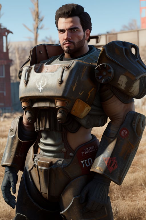 perfect anatomy, perfect proportions, best quality, masterpiece, high_resolution, high quality, best aesthetic, incredibly absurdres, highres, extremely detailed, huge filesize, mature, masculine, manly, virile, handsome, charming, alluring, bara, male focus, solo male, cowboy shot, dutch angle, source_game \(Fallout 4\), official style \(Fallout 4\),  Danse, FO4Danse , black hair, short hair, light brown eyes, facial hair, beard, Danse_Outfit02, T-60 power armor \(Fallout 4\), power armor, outdoors, Fallout 4 location, post-apocalyptic ruins, desolated landscape, dark blue sky