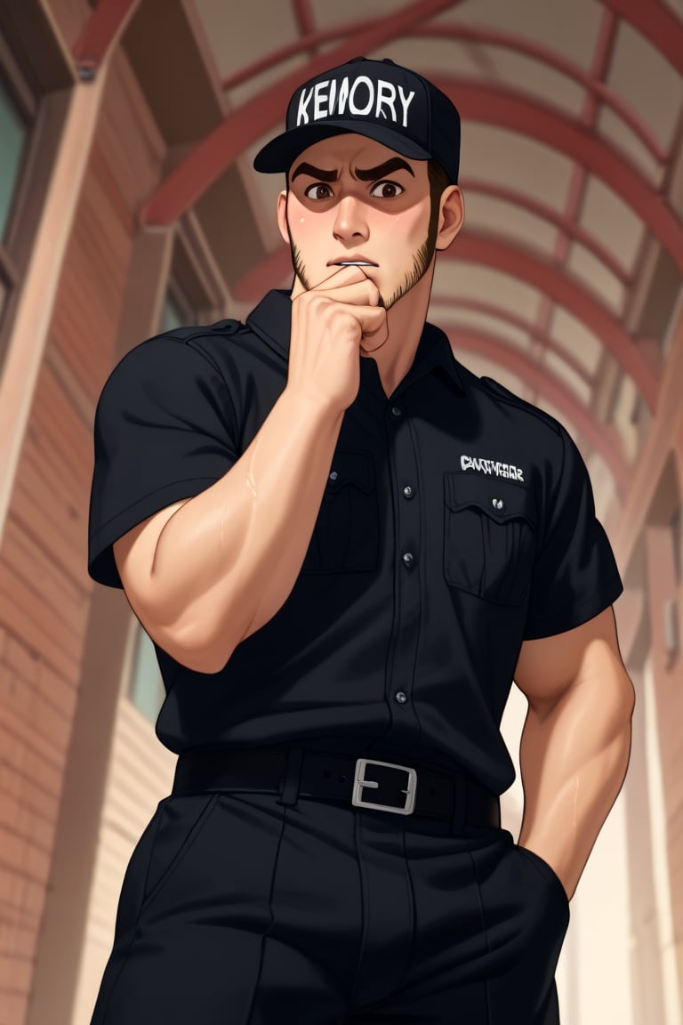 score_9, score_8_up, score_7_up, score_6_up, perfect anatomy, perfect proportions, best quality, masterpiece, high_resolution, high quality, best aesthetic, incredibly absurdres, highres, extremely detailed, huge filesize, mature, masculine, manly, virile, handsome, charming, alluring, bara, male focus, solo male, cowboy shot, dutch angle, source_anime \(Cells at Work! CODE BLACK\), anime coloring \Cells at Work! CODE BLACK\), Memory T Cell \(Cells at Work! CODE BLACK\), CaWBlMemoryTCell, brown hair, brown eyes, thick eyebrow, long sideburns, facial hair, stubble, CaWBKillerTCell_outfit, black cap, Killer T Cell cap \(Cells at Work\), Killer T Cell uniform \(Cells at Work\), black shirt, short sleeves, black pants. from below, low angle, blush, bashful, nervous, sweaty, awkward
