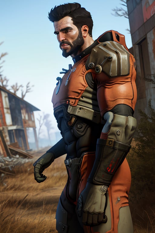 perfect anatomy, perfect proportions, best quality, masterpiece, high_resolution, high quality, best aesthetic, incredibly absurdres, highres, extremely detailed, huge filesize, mature, masculine, manly, virile, handsome, charming, alluring, bara, male focus, solo male, cowboy shot, dutch angle, source_game \(Fallout 4\), official style \(Fallout 4\),  Danse, FO4Danse , black hair, short hair, light brown eyes, facial hair, beard, Danse_Outfit02, T-60 power armor \(Fallout 4\), power armor, outdoors, Fallout 4 location, post-apocalyptic ruins, desolated landscape, dark blue sky