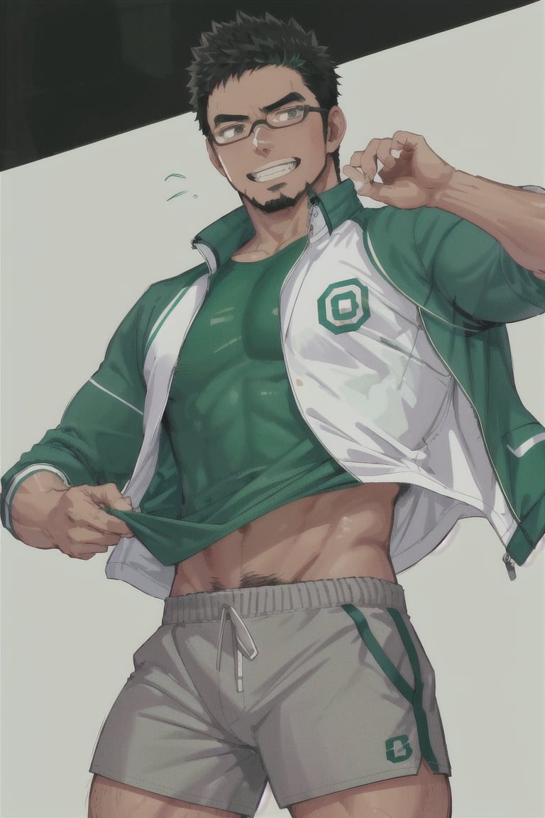 (1 image only), solo male, bara, Kyoichi Ootomo, Live A Hero, Asain, Japanese, athlete, PE teacher, short hair, black hair, green streaked hair, sideburns, black eyes, facial hair, goatee, (wore glasses), tan skin, white bandaid on nose, white t-shirt, ((pure green athletic jacket, open jacket)), grey shorts, sneakers, grin, mature, handsome, charming, alluring, standing, upper body, perfect anatomy, perfect proportions, (best quality, masterpiece), (perfect eyes, perfect eye pupil), perfect hands, high_resolution, dutch angle, school sports ground,(1man),best quality